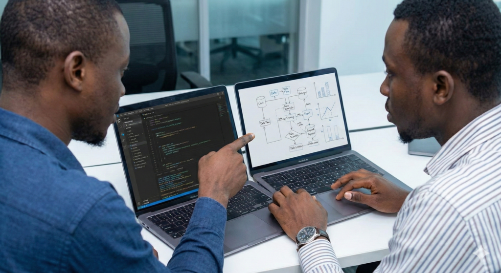 Two male data engineers collaborating on coding a data pipeline on their laptops in a modern office.