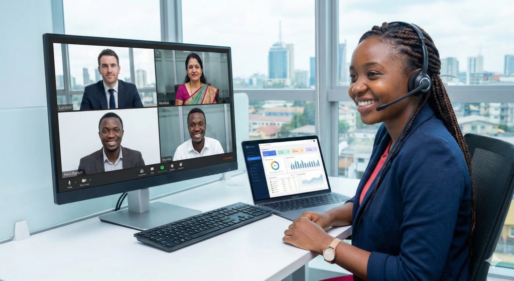 A female data scientist on a video call with international clients, with an African city skyline visible through the office window.