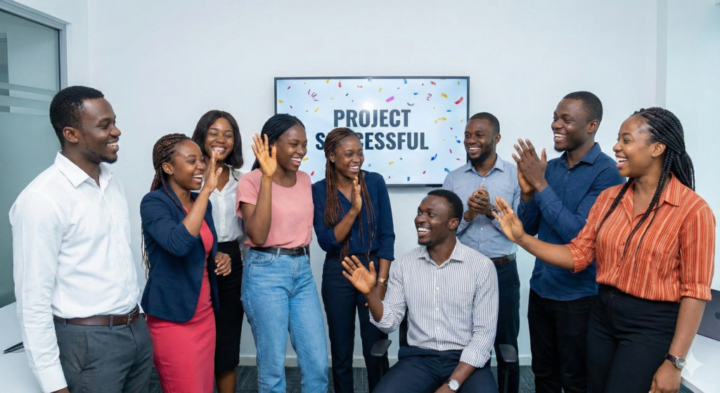 A diverse data science team celebrating a successful project launch with a "PROJECT SUCCESSFUL" sign in the background.